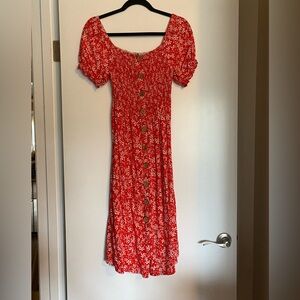 Roxy Red Floral Midi Button Dress